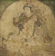 A feitian playing pipa, wall painting from Kizil, pigment on stucco, Tang dynasty, 600-800.