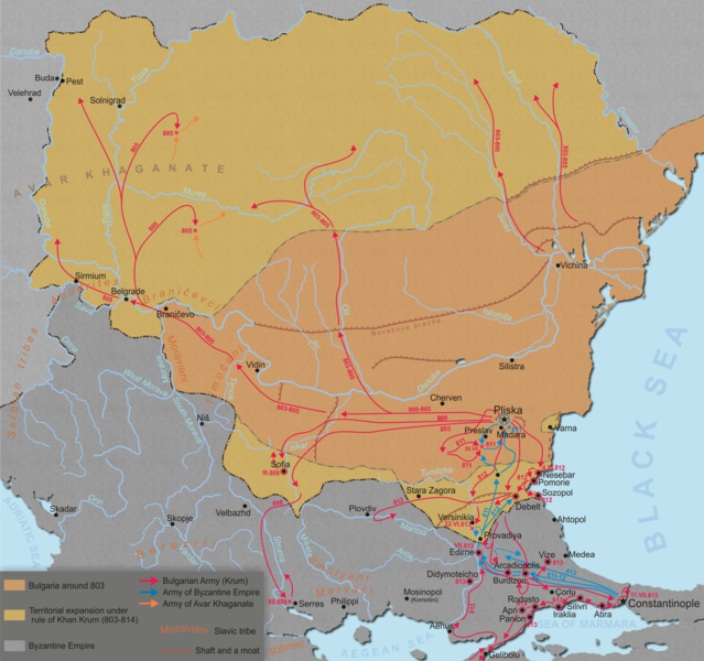 ملف:Territorial expansion during the reign of Khan Krum (803-814).png