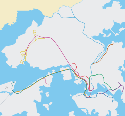 A geographical accurate map of Hong Kong areas with only its rapid transit system lines detailed on it.