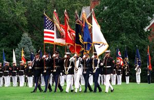 United States Joint Service Color Guard on parade at Fort Myer.