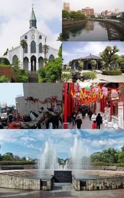 From top to bottom, left to right: Ōura Cathedral, Nakashima River, Glover Garden, Nagasaki Kunchi, Nagasaki Shinchi Chinatown, Nagasaki Peace Park
