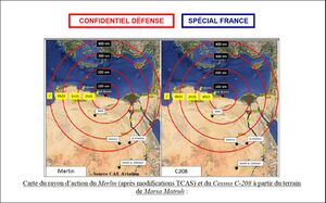 خريطة مدى الصاروخ مرلان (بعد تعديلات TCAS) وسسنا C-208 على تضاريس محافظة مرسى مطروح.