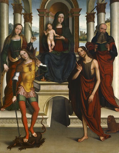 ملف:Michele di Luca dei Coltellini - Madonna and Child Enthroned with Saints - Walters 37880.jpg