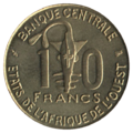 ظهر عملة معدنية فئة 10 فرنكات غرب أفريقية.
