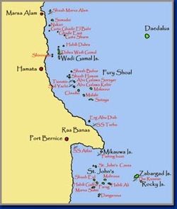خريطة توضح موقع رأس بناس، خليج فول وجزر مكوى، الزبرجد، وروكي.