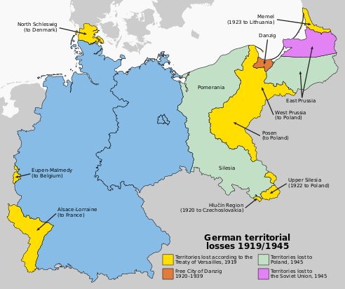 Changes in Germany's borders as a result of both World Wars, with the partition of East Prussia.