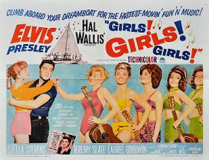 Movie poster with Presley on the left, holding a young woman around the waist, her arms draped over his shoulders. To the right, five young women wearing bathing suits and holding guitars stand in a row. The one in front taps Presley on the shoulder. Along with title and credits is the tagline "Climb aboard your dreamboat for the fastest-movin' fun 'n' music!"