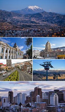 Top to Bottom, Left to Right: La Paz Skyline with Mount Illimani in the background, Palace of the Plurinational Legislative Assembly, San Francisco Church, Mariscal Santa Cruz Avenue, Red Line of the La Paz-El Alto cable car transit system, Downtown La Paz.