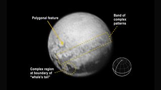 First signs of geological features on Pluto (annotated; July 10, 2015).