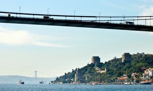 The Rumelian Castle on the Bosphorus, with both suspension bridges which span the strait.