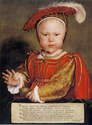 Painting of Prince Edward as a baby, depicted with regal splendour and a kingly gesture. He is dressed in red and gold, and a hat with ostrich plume. His face has delicate features, chubby cheeks and a fringe of red-gold hair.