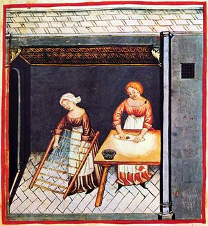 صُنع المعكرونة. رسم توضيحي من كتاب تقويم الصحة لابن بطلان (بغداد، القرن الحادي عشر) والذي نُشر في إيطاليا باسم Tacuinum Sanitatis في القرن الرابع عشر