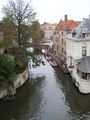 An aerial view over one of Bruges' canals.