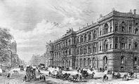 المكتب الاستعماري البريطاني في وستمنستر، بناه المعماري جورج گلبرت سكوت في ستينيات القرن التاسع عشر؛ رسم عام 1875