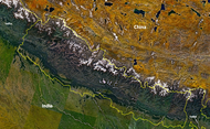 NASA Landsat-7 Image of Nepal. Nepal shares its boundaries with India and China