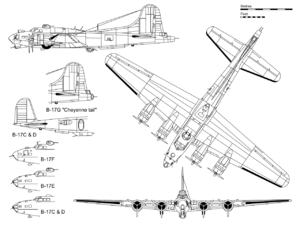 3-view projection of a B-17G, with inset detail showing the "Cheyenne tail" and some major differences with other B-17 variants