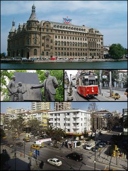 صور من قاضي‌كوي، أعلى: Haydarpaşa Terminal, Middle left: Atatürk monument, Middle right: Nostalgic tramway, أسفل: نهج بغداد.