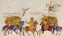 Two groups of cavalry facing each other, with a crowned horseman between them