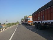 Trucks on National Highway 1 (India), waiting to cross Wagah border.
