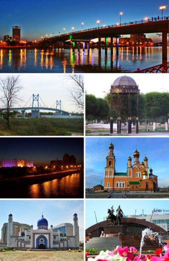 Clockwise from top: Central Bridge which connects Europe and Asia during the evening; Stand marking the European side of the city; Orthodox Church; Isatay and Makhambet Monument; Manjali Mosque; Ural River at night; Pedestrian Bridge over the Ural River.