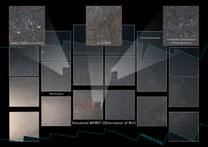 This simulated image showcases the red and infrared light of more than 50 million stars in Andromeda, as they would appear with WFIRST.