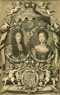 Engraving depicting a king, queen, throne, and arms