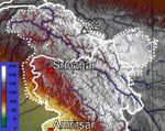 خريطة طبوغرافية لجامو وكشمير (وادي كشمير، منطقة جامو ومنطقة لداخ تظهر حسب الارتفاع).
