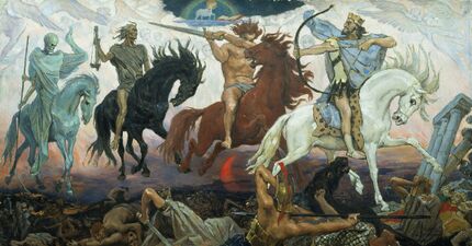 الكتاب المقدس الفرسان الأربعة في نهاية العالم، بما في ذلك المجاعة على الحصان الأسود (رسم فيكتور فاسنيتسوف، 1887)
