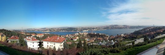 Panoramic view of the Bosphorus as seen from Ulus on the European side, with the Fatih Sultan Mehmet Bridge (1988) at left and the Bosphorus Bridge (1973) at right.