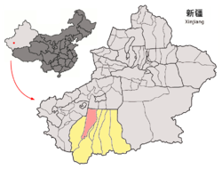 موقع ناحية قرة قاش (بالأحمر) في محافظة خوتان (بالأصفر) في شين‌جيانگ.