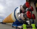 The Space Launch System Core Stage rolling out of the Michoud Facility for shipping to Stennis.