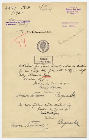 Hand-written letter with multiple signatures and with stamps of approval.