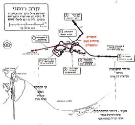 خريطة المعركة البحرية التي دارت في 11 يوليو 1967، على الساحل المواجه لسيناء، مكتوبة بالعبرية.