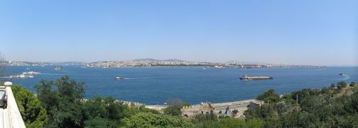 View of the entrance to the Bosphorus from the Sea of Marmara, as seen from the Topkapı Palace.