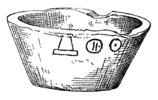Drawing of a broken stone bowl with a few hieroglyphs