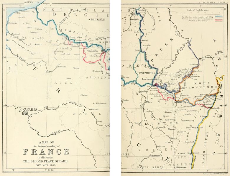 ملف:A map of the Eastern boundary of France to illustrate The Second Peace of Paris 20th Nov 1815.jpg