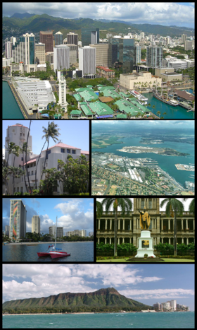 Clockwise from top: Downtown, Pearl Harbor, statue of King Kamehameha I in front of Aliʻiolani Hale downtown, Diamond Head, waterfront on Waikīkī Beach and Honolulu Hale (City Hall)