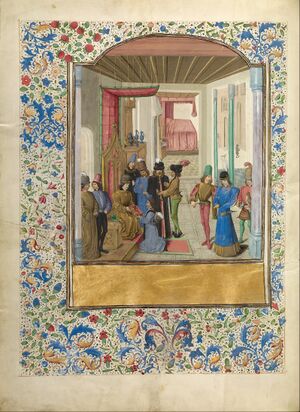 A kneeling man presents his book to Charles who is seated on his throne