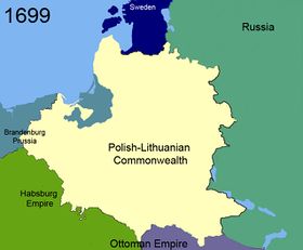 Polish–Lithuanian Commonwealth in 1699, after the treaty. Note the Ottoman loss of territory at the bottom of the map.