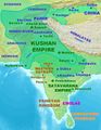 Kushan territories (full line) and maximum extent of Kushan dominions under Kanishka (dotted line). The conquests in India are according to the Rabatak inscription,[16] the northern expansion into the Tarim Basin is mainly suggested by coin finds and Chinese chronicles.[17][18]