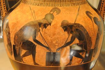 اليونانية فخار أسود الشكل. اياكس و Achilles يلعبان لعبة، حوالي 540-530 ق.م.. (متاحف الڤاتيكان).