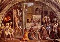 The Fire in the Borgo, 1514, Stanza dell'incendio del Borgo, painted by the workshop to Raphael's design.