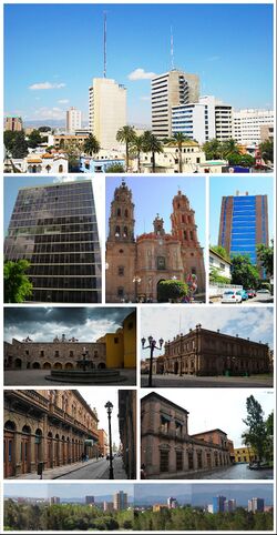 From left to right and from top to the bottom: Buildings at Avenida Carranza, Secretariat of Foreign Affairs tower, St. Louis Cathedral, National Institute of Statistics and Geography tower, Plaza de San Francisco, Museo Nacional de la Máscara, Calle Universidad, San Luis Potosí historical centre, panorama of San Luis Potosí.