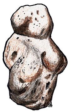 A sketch of a stone with the impression of breasts and a face carved upon it