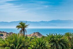 مقنا - طبيعة ساحرة. ويظهر في الخلفية ساحل دهب في سيناء المصرية عبر خليج العقبة.[1]