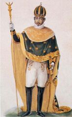 In the painting of Jean-Baptiste Debret (1822), Emperor Pedro I of Brazil wearing the imperial mantle decorated with green fabric.
