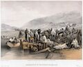 A tinted lithograph by William Simpson illustrating evacuation of the sick and injured from Balaklava