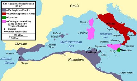A map of the western Mediterranean showing the territory ceded to Rome by Carthage under the treaty.