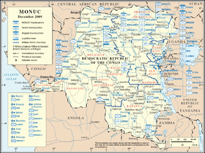 A map of the Democratic Republic of the Congo marked with military map symbols showing type, nationality and location of MONUC units.