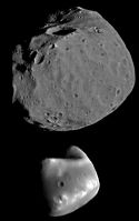 Comparison greyscale images of Phobos (top) and Deimos (bottom).